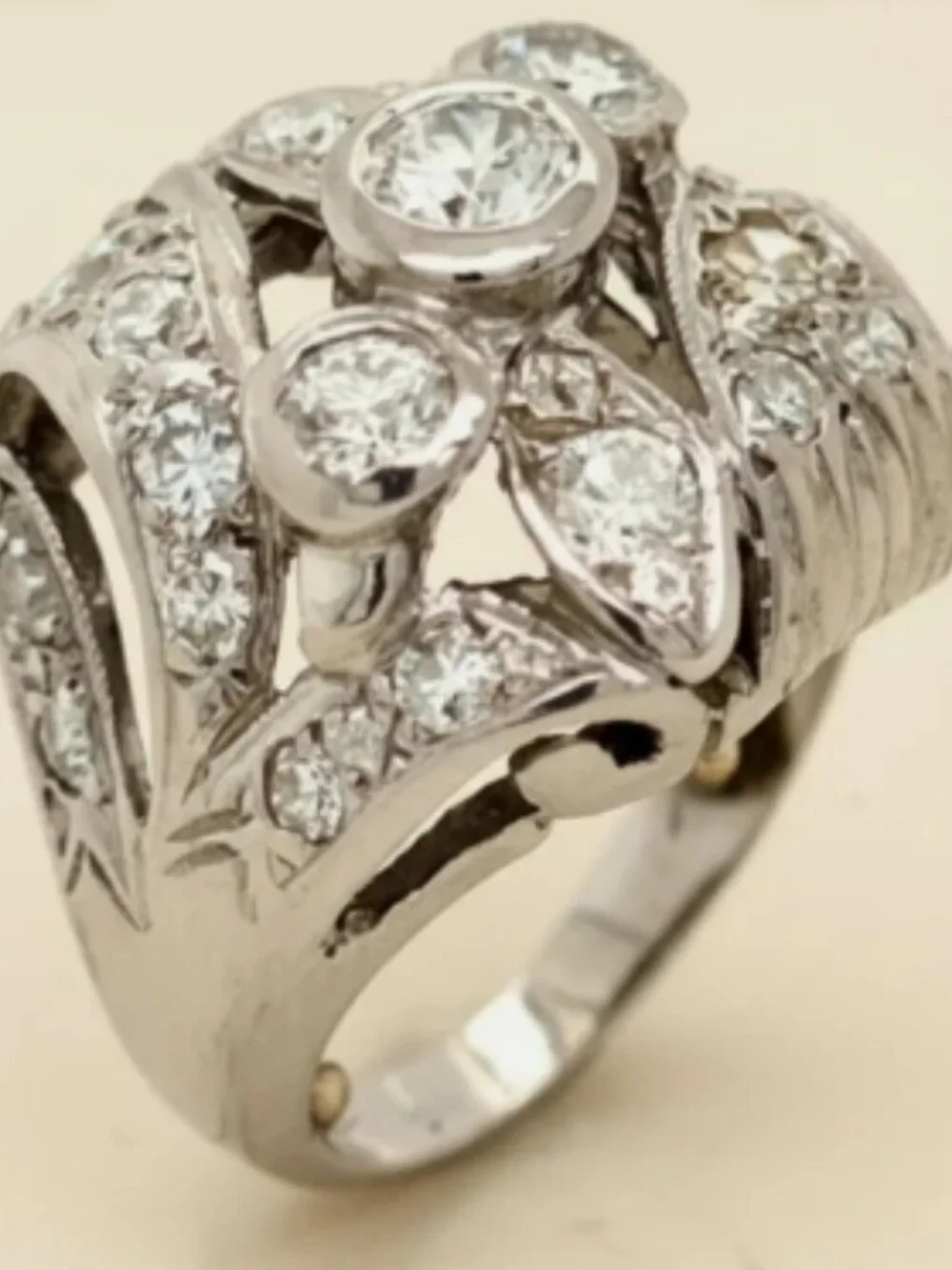 Art Deco 14K White Gold Openwork Diamond Bridal Wedding Engagement Ring